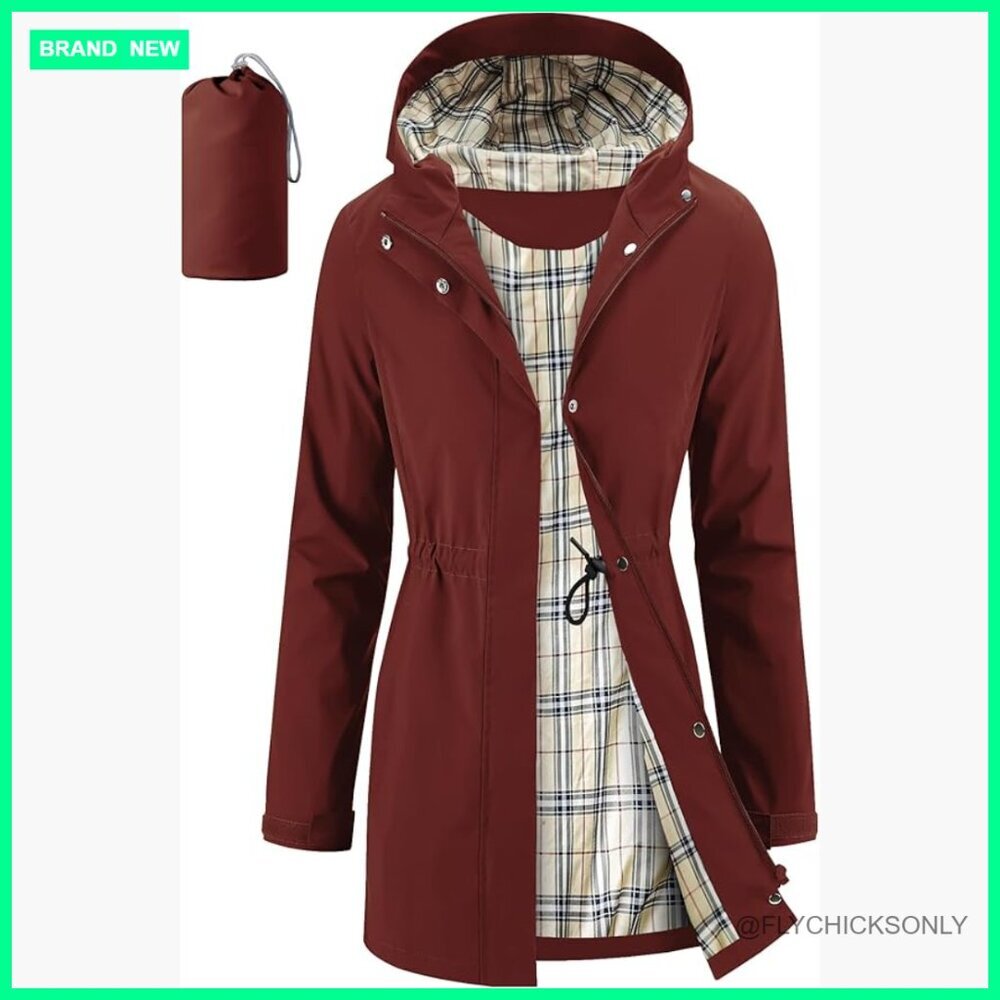 Packable Long Raincoat Hooded Plaid Lined Trench Coat Waterproof Windproof